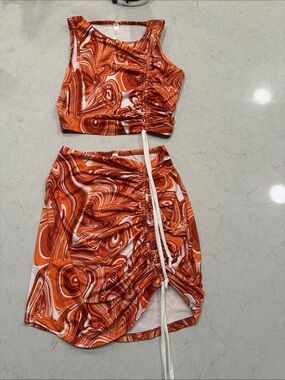 Asymmetrical Orange Swirl Drawstring Skirt - Unbranded